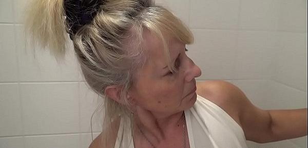  Blonde granny puts toilet brush up young boys asshole